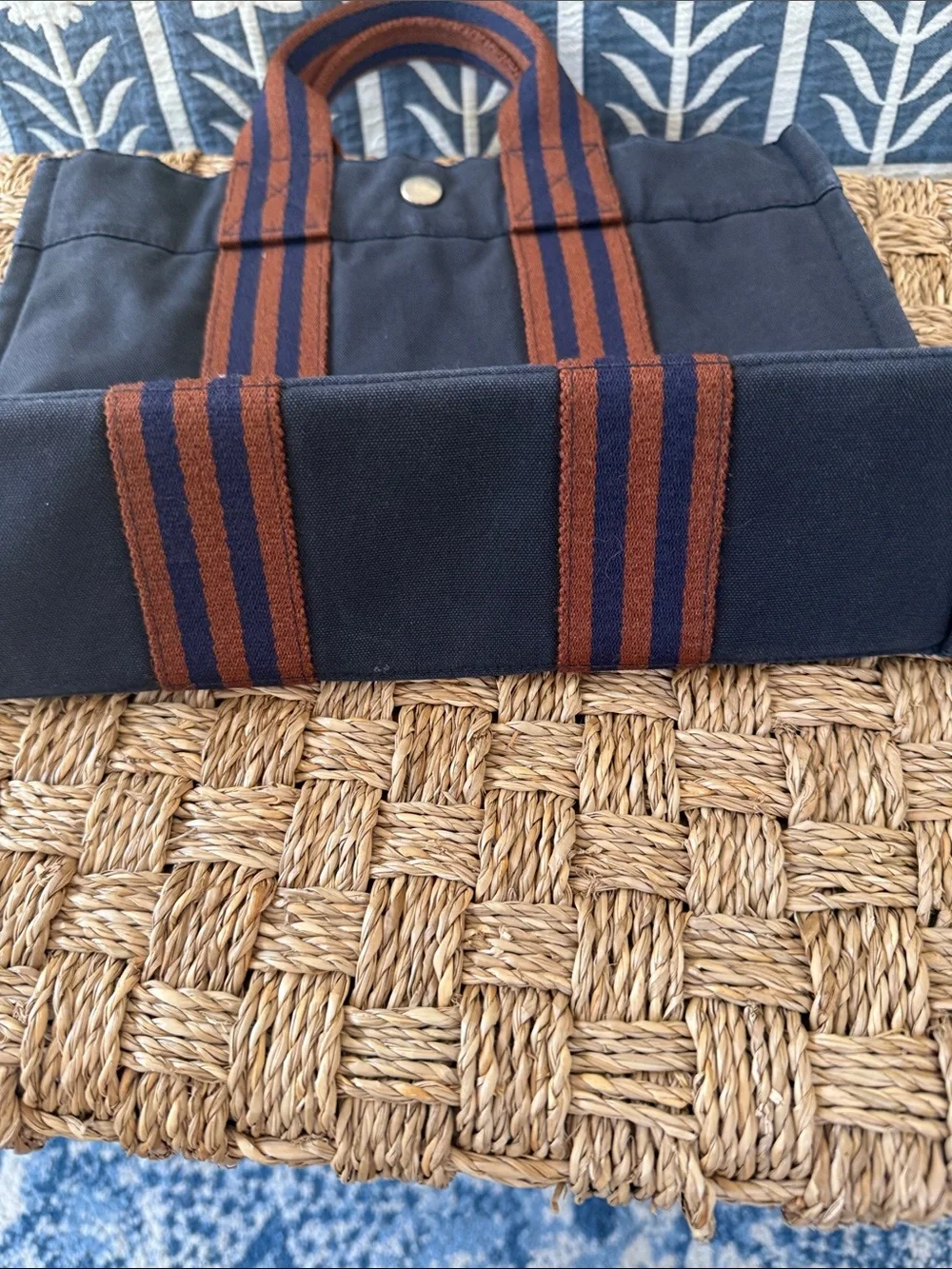 Hermes 2000s MM Fourre Tout Canvas Tote Bag with Striped Handles - Navy & Brown